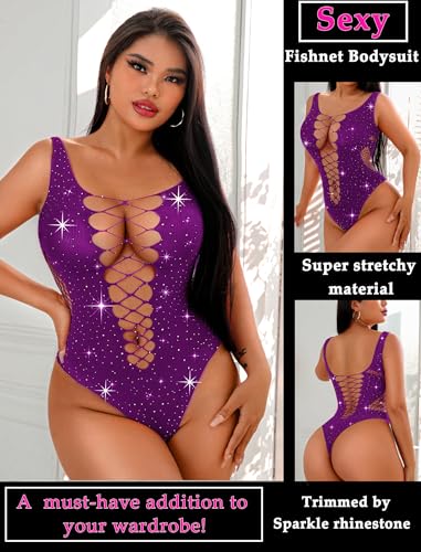 Rhinestone Mesh Bodysuit Rave Lingerie Teddy Purple