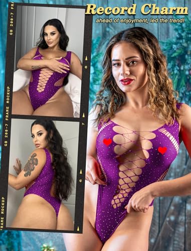 Rhinestone Mesh Bodysuit Rave Lingerie Teddy Purple