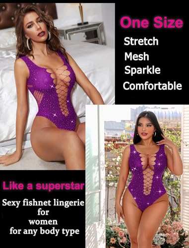 Rhinestone Mesh Bodysuit Rave Lingerie Teddy Purple