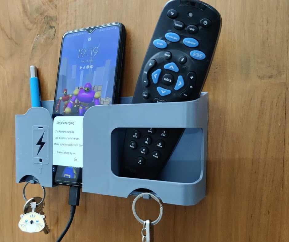 Wall Mount Mobile Holder | Remote Organizer with Charger Stand