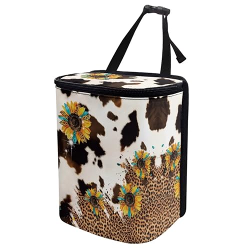 DISNIMO Sunflower Hanging Car Trash Can Cow Spot Car Garbage Storage Bag with Lid Auto Rubbish Bin Leak-Proof Cars Trash Can Portable Organizer for Men Women Keeps Automobile Trucks SUV Clean