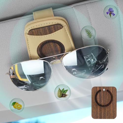 FERSTALO Sunglass Holder for Car, Magnetic Leather Sunglass Clip for Car Visor with Wood Air Freshener, Sunglasses Visor Clip for Men Women Car Gadgets, Beige