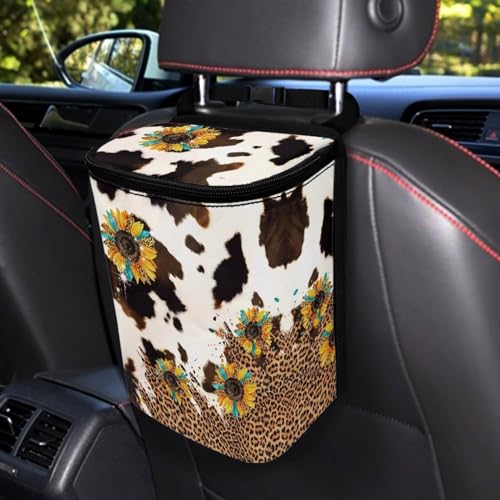 DISNIMO Sunflower Hanging Car Trash Can Cow Spot Car Garbage Storage Bag with Lid Auto Rubbish Bin Leak-Proof Cars Trash Can Portable Organizer for Men Women Keeps Automobile Trucks SUV Clean