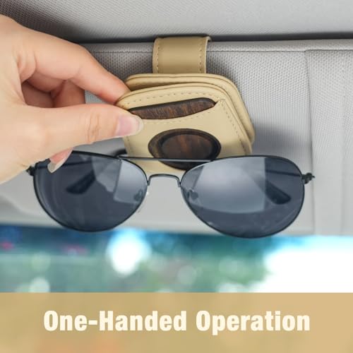 FERSTALO Sunglass Holder for Car, Magnetic Leather Sunglass Clip for Car Visor with Wood Air Freshener, Sunglasses Visor Clip for Men Women Car Gadgets, Beige