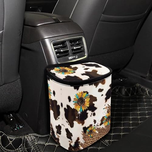DISNIMO Sunflower Hanging Car Trash Can Cow Spot Car Garbage Storage Bag with Lid Auto Rubbish Bin Leak-Proof Cars Trash Can Portable Organizer for Men Women Keeps Automobile Trucks SUV Clean