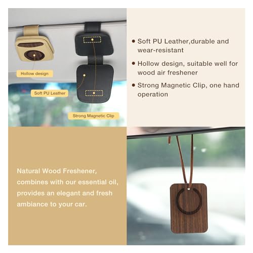 FERSTALO Sunglass Holder for Car, Magnetic Leather Sunglass Clip for Car Visor with Wood Air Freshener, Sunglasses Visor Clip for Men Women Car Gadgets, Beige