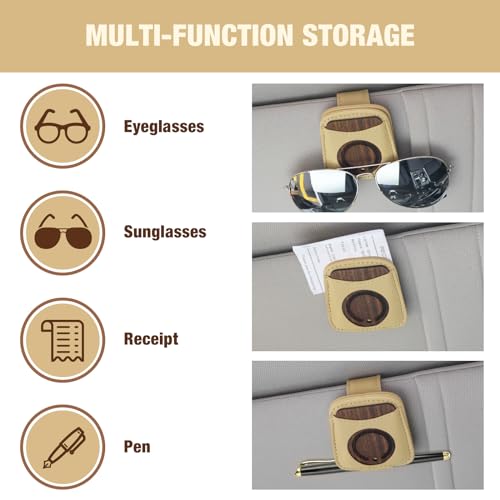 FERSTALO Sunglass Holder for Car, Magnetic Leather Sunglass Clip for Car Visor with Wood Air Freshener, Sunglasses Visor Clip for Men Women Car Gadgets, Beige