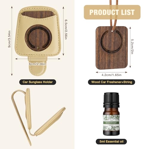 FERSTALO Sunglass Holder for Car, Magnetic Leather Sunglass Clip for Car Visor with Wood Air Freshener, Sunglasses Visor Clip for Men Women Car Gadgets, Beige