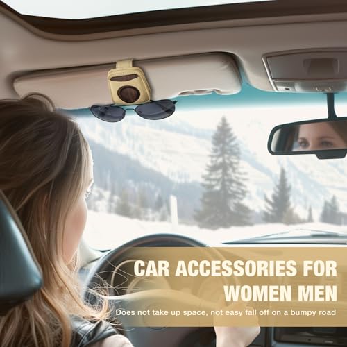FERSTALO Sunglass Holder for Car, Magnetic Leather Sunglass Clip for Car Visor with Wood Air Freshener, Sunglasses Visor Clip for Men Women Car Gadgets, Beige