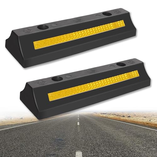 2 Pack Parking Block for Garage, Heavy Duty Wheel Rubber Stop Curb Bumpers, Protable Parking Stop Assistant for Truck with Reflective Yellow Safety Stripes for Car, Trailer and RV