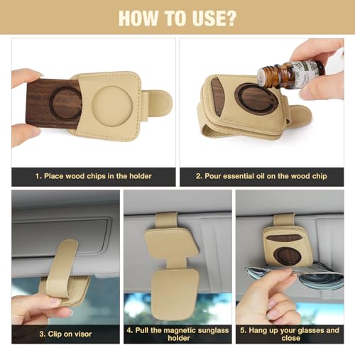 FERSTALO Sunglass Holder for Car, Magnetic Leather Sunglass Clip for Car Visor with Wood Air Freshener, Sunglasses Visor Clip for Men Women Car Gadgets, Beige
