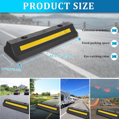 2 Pack Parking Block for Garage, Heavy Duty Wheel Rubber Stop Curb Bumpers, Protable Parking Stop Assistant for Truck with Reflective Yellow Safety Stripes for Car, Trailer and RV