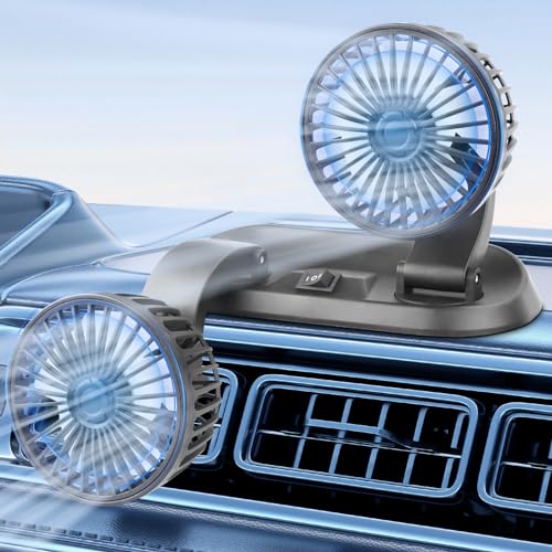 USB Fan,Double Head Car Fan 360°Adjustable Auto Electric Car Cooling Fan Portable Vehicle Fan with Strong Wind, Micro USB Mini Fan for Dashboard SUV RV Truck Sedan Home office Desktop(Black Buttons)