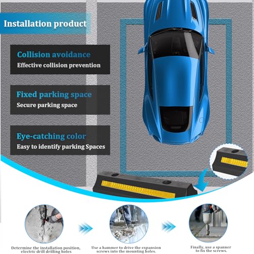 2 Pack Parking Block for Garage, Heavy Duty Wheel Rubber Stop Curb Bumpers, Protable Parking Stop Assistant for Truck with Reflective Yellow Safety Stripes for Car, Trailer and RV
