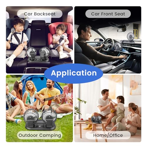 USB Fan,Double Head Car Fan 360°Adjustable Auto Electric Car Cooling Fan Portable Vehicle Fan with Strong Wind, Micro USB Mini Fan for Dashboard SUV RV Truck Sedan Home office Desktop(Black Buttons)