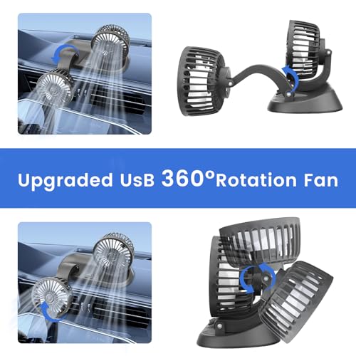 USB Fan,Double Head Car Fan 360°Adjustable Auto Electric Car Cooling Fan Portable Vehicle Fan with Strong Wind, Micro USB Mini Fan for Dashboard SUV RV Truck Sedan Home office Desktop(Black Buttons)