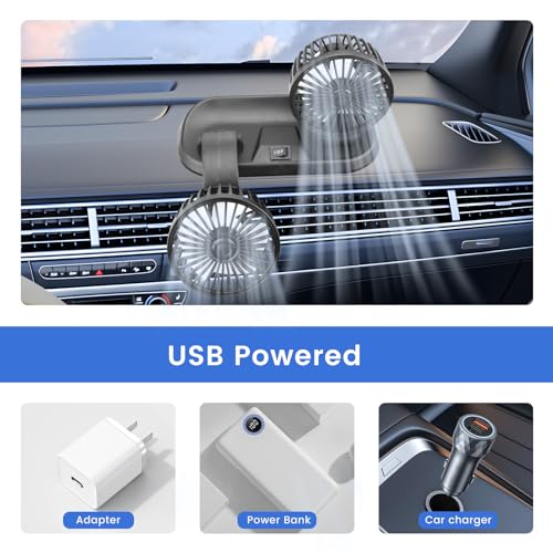 USB Fan,Double Head Car Fan 360°Adjustable Auto Electric Car Cooling Fan Portable Vehicle Fan with Strong Wind, Micro USB Mini Fan for Dashboard SUV RV Truck Sedan Home office Desktop(Black Buttons)