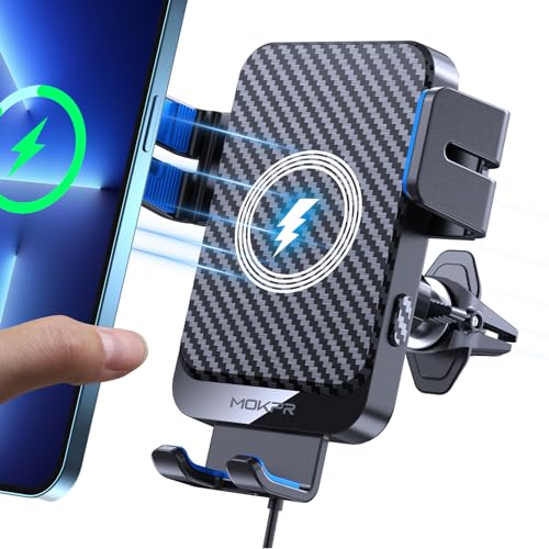 Wireless Car Charger, MOKPR 15W Fast Charging Auto-Clamping Phone Mount Air Vent Cell Phone Holder Compatible iPhone 15/14/13/13 Pro/12 pro/12/11/X/8, Compatible Galaxy S23/S22/S21/S20, etc Blue