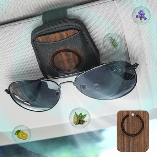 FERSTALO Sunglass Holder for Car, Magnetic Leather Sunglass Clip for Car Visor with Wood Air Freshener, Visor Sunglasses Holder Clip for Men Women Car Gadgets, Black