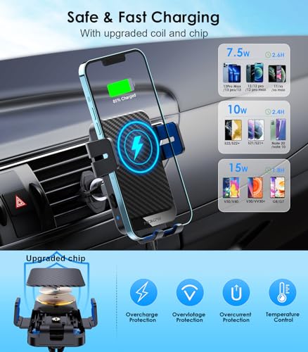 Wireless Car Charger, MOKPR 15W Fast Charging Auto-Clamping Phone Mount Air Vent Cell Phone Holder Compatible iPhone 15/14/13/13 Pro/12 pro/12/11/X/8, Compatible Galaxy S23/S22/S21/S20, etc Blue
