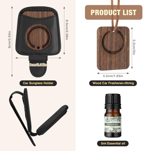 FERSTALO Sunglass Holder for Car, Magnetic Leather Sunglass Clip for Car Visor with Wood Air Freshener, Visor Sunglasses Holder Clip for Men Women Car Gadgets, Black