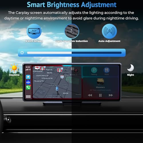 CarPlay Screen for Car Compatible with Apple Carplay & Android Auto,9.3" Portable Wireless Carplay Touchscreen with Phone Mirroring/Auto Brightness Adjust/Voice Control/Navigation/Bluetooth Car Stereo