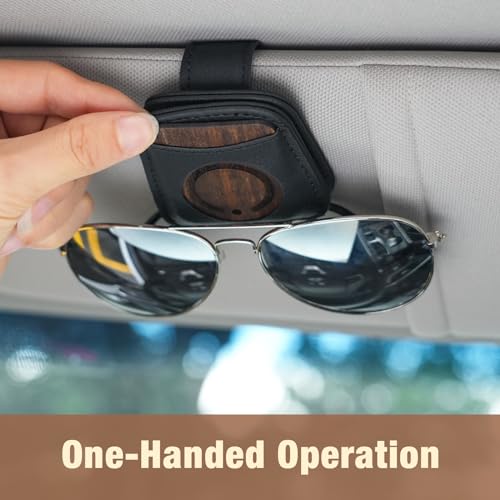 FERSTALO Sunglass Holder for Car, Magnetic Leather Sunglass Clip for Car Visor with Wood Air Freshener, Visor Sunglasses Holder Clip for Men Women Car Gadgets, Black