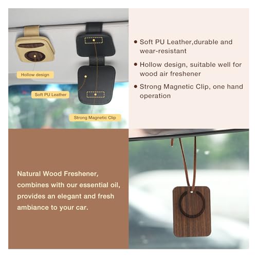 FERSTALO Sunglass Holder for Car, Magnetic Leather Sunglass Clip for Car Visor with Wood Air Freshener, Visor Sunglasses Holder Clip for Men Women Car Gadgets, Black