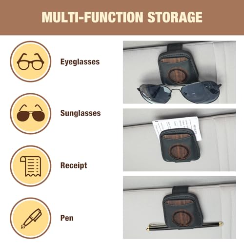 FERSTALO Sunglass Holder for Car, Magnetic Leather Sunglass Clip for Car Visor with Wood Air Freshener, Visor Sunglasses Holder Clip for Men Women Car Gadgets, Black