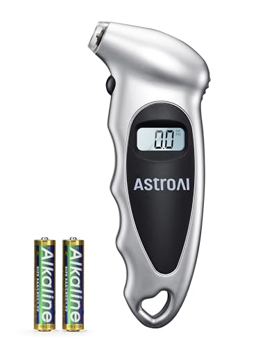 AstroAI Digital Tire Pressure Gauge with Replaceable AAA Battery, 150 PSI 4 Settings Stocking Stuffers for Car Truck Bicycle Backlit LCD Non-Slip Grip Car Accessories, Silver