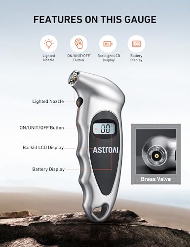 AstroAI Digital Tire Pressure Gauge with Replaceable AAA Battery, 150 PSI 4 Settings Stocking Stuffers for Car Truck Bicycle Backlit LCD Non-Slip Grip Car Accessories, Silver