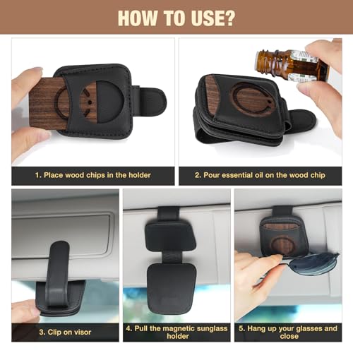FERSTALO Sunglass Holder for Car, Magnetic Leather Sunglass Clip for Car Visor with Wood Air Freshener, Visor Sunglasses Holder Clip for Men Women Car Gadgets, Black