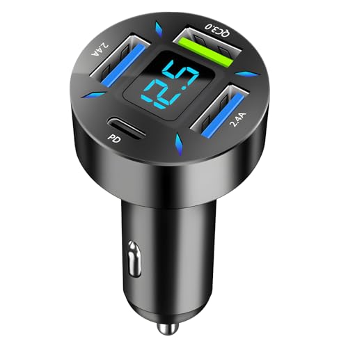 4 Ports USB Car Charger Adapter Support PD & QC3.0 Cigarette Lighter Charger with LED Voltmeter Triple USB & Fast TYPE-C Compatible with iPhone & iPad, for Samsung & Android Cellphone
