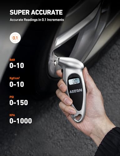 AstroAI Digital Tire Pressure Gauge with Replaceable AAA Battery, 150 PSI 4 Settings Stocking Stuffers for Car Truck Bicycle Backlit LCD Non-Slip Grip Car Accessories, Silver