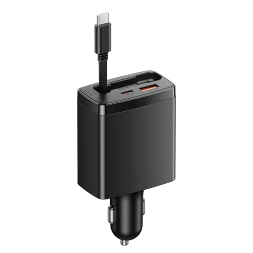 Retractable Car Charger with 125W, 3 in 1 Car Fast Charger for iPhone, USB C Retractable Cables (35 inch) and 2 Charging Ports Compatible with iPhone 15 Pro Max/15 Pro/15, Galaxy, Pixel