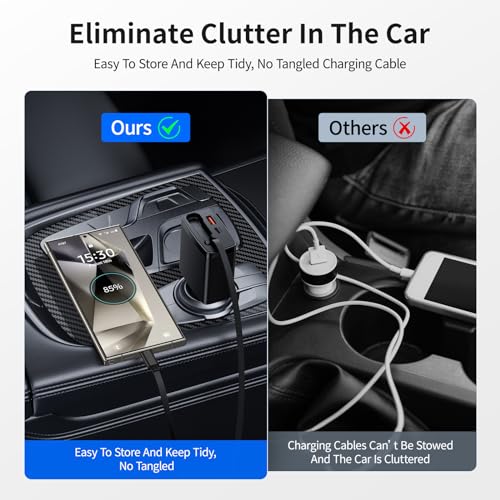Retractable Car Charger with 125W, 3 in 1 Car Fast Charger for iPhone, USB C Retractable Cables (35 inch) and 2 Charging Ports Compatible with iPhone 15 Pro Max/15 Pro/15, Galaxy, Pixel