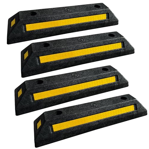 EASYGO PRODUCTS Parking Block Curb for Garage Heavy Duty Wheel Stopper Rubber 4 Sided Reflective Stripes All Vehicles Cars and Trucks 21" Long X 3.25" High X 5.5" Deep Professional Grade 4 Pack