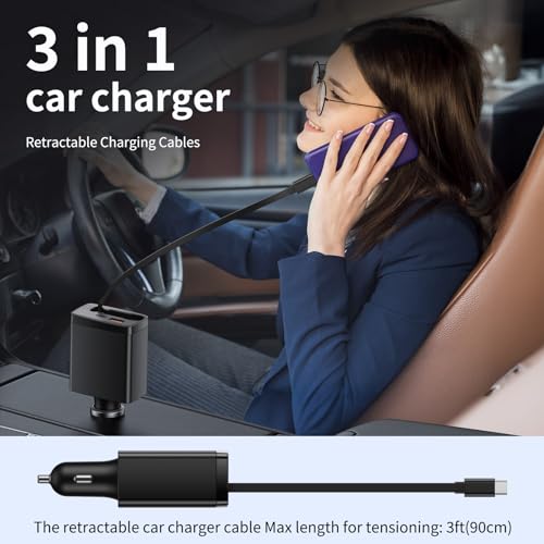 Retractable Car Charger with 125W, 3 in 1 Car Fast Charger for iPhone, USB C Retractable Cables (35 inch) and 2 Charging Ports Compatible with iPhone 15 Pro Max/15 Pro/15, Galaxy, Pixel