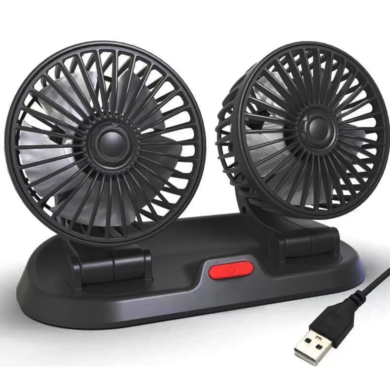 YInonma Dual Head USB Car Fan for Car with Powerful Cooling 360° Rotation Stepless Speed Desk Fan for Sedan SUV RV Truck Cruise Home Office Desktop
