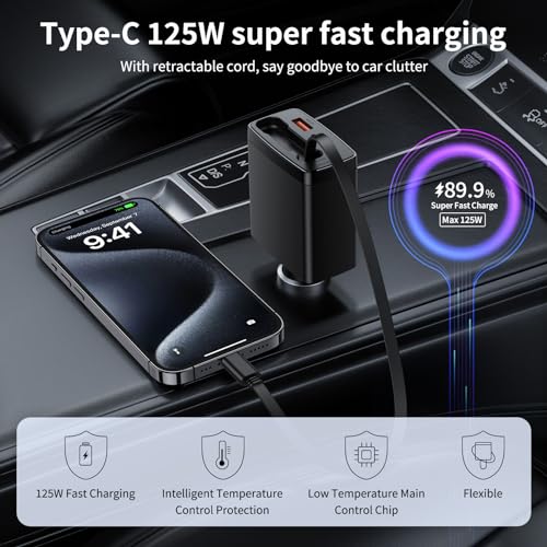 Retractable Car Charger with 125W, 3 in 1 Car Fast Charger for iPhone, USB C Retractable Cables (35 inch) and 2 Charging Ports Compatible with iPhone 15 Pro Max/15 Pro/15, Galaxy, Pixel