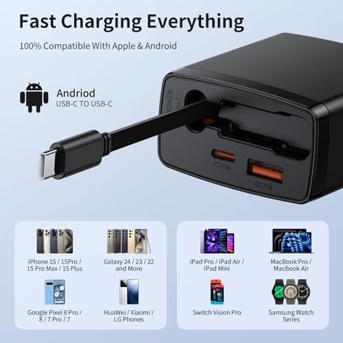 Retractable Car Charger with 125W, 3 in 1 Car Fast Charger for iPhone, USB C Retractable Cables (35 inch) and 2 Charging Ports Compatible with iPhone 15 Pro Max/15 Pro/15, Galaxy, Pixel