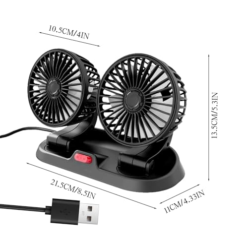 YInonma Dual Head USB Car Fan for Car with Powerful Cooling 360° Rotation Stepless Speed Desk Fan for Sedan SUV RV Truck Cruise Home Office Desktop