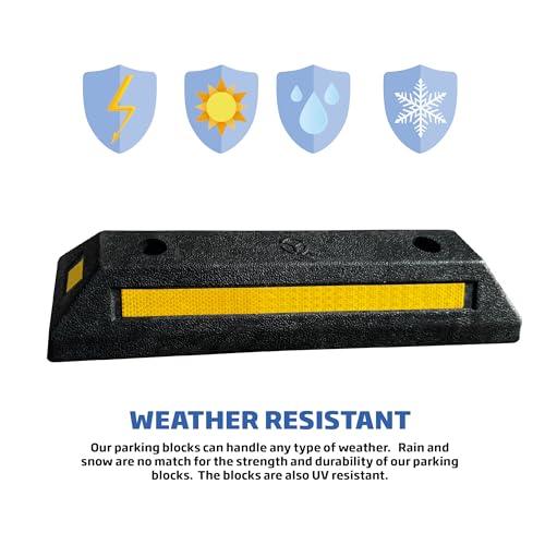 EASYGO PRODUCTS Parking Block Curb for Garage Heavy Duty Wheel Stopper Rubber 4 Sided Reflective Stripes All Vehicles Cars and Trucks 21" Long X 3.25" High X 5.5" Deep Professional Grade 4 Pack