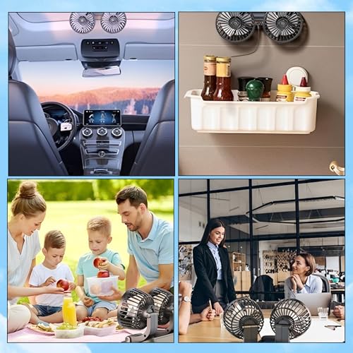 YInonma Dual Head USB Car Fan for Car with Powerful Cooling 360° Rotation Stepless Speed Desk Fan for Sedan SUV RV Truck Cruise Home Office Desktop