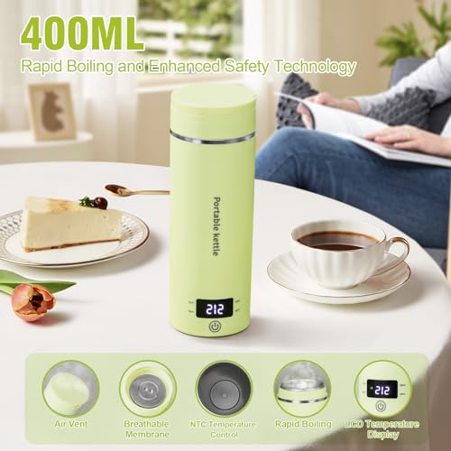 Travel Electric Kettle Portable Mini Kettle,Small Hot Water Boiler with 4 Temperature Settings,304 Stainless Steel,Fast Boiling Water with Auto Shut-Off and Boil Dry Protection,400ml (Green, 400ML)