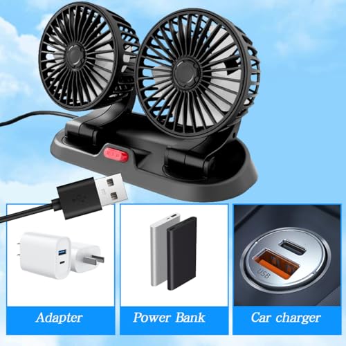 Bjsquagmire Dual Head USB Car Fan for Car with Powerful Cooling 360° Rotation Stepless Speed Desk Fan for Sedan SUV RV Truck Cruise Home Office Desktop