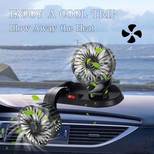 YInonma Dual Head USB Car Fan for Car with Powerful Cooling 360° Rotation Stepless Speed Desk Fan for Sedan SUV RV Truck Cruise Home Office Desktop