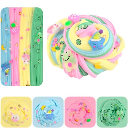2 Pack Four Color Slime Toy - Candy Bag Packaging Butter Slime with Eight Cute Charms Included,Super Soft & Non-Sticky,Educational Stress Relief Toy,Birthday Gifts for Girl and Boys.