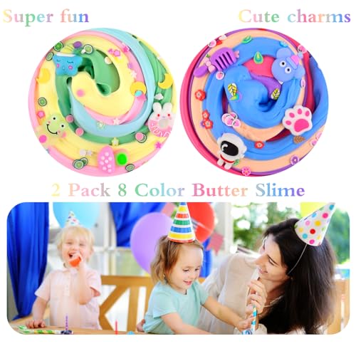 2 Pack Four Color Slime Toy - Candy Bag Packaging Butter Slime with Eight Cute Charms Included,Super Soft & Non-Sticky,Educational Stress Relief Toy,Birthday Gifts for Girl and Boys.
