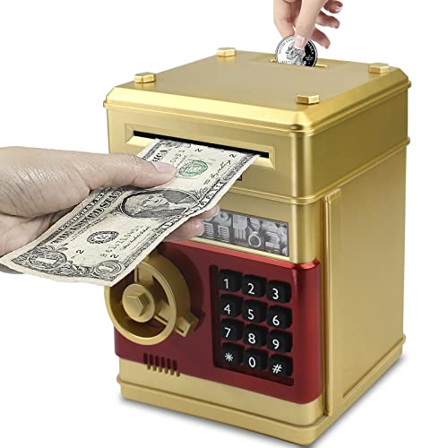 Elemusi Piggy Bank for Kids ATM Electronic Password Cash Coin Bank,Money Saving Box for Kids,Boys Girls (Gold)